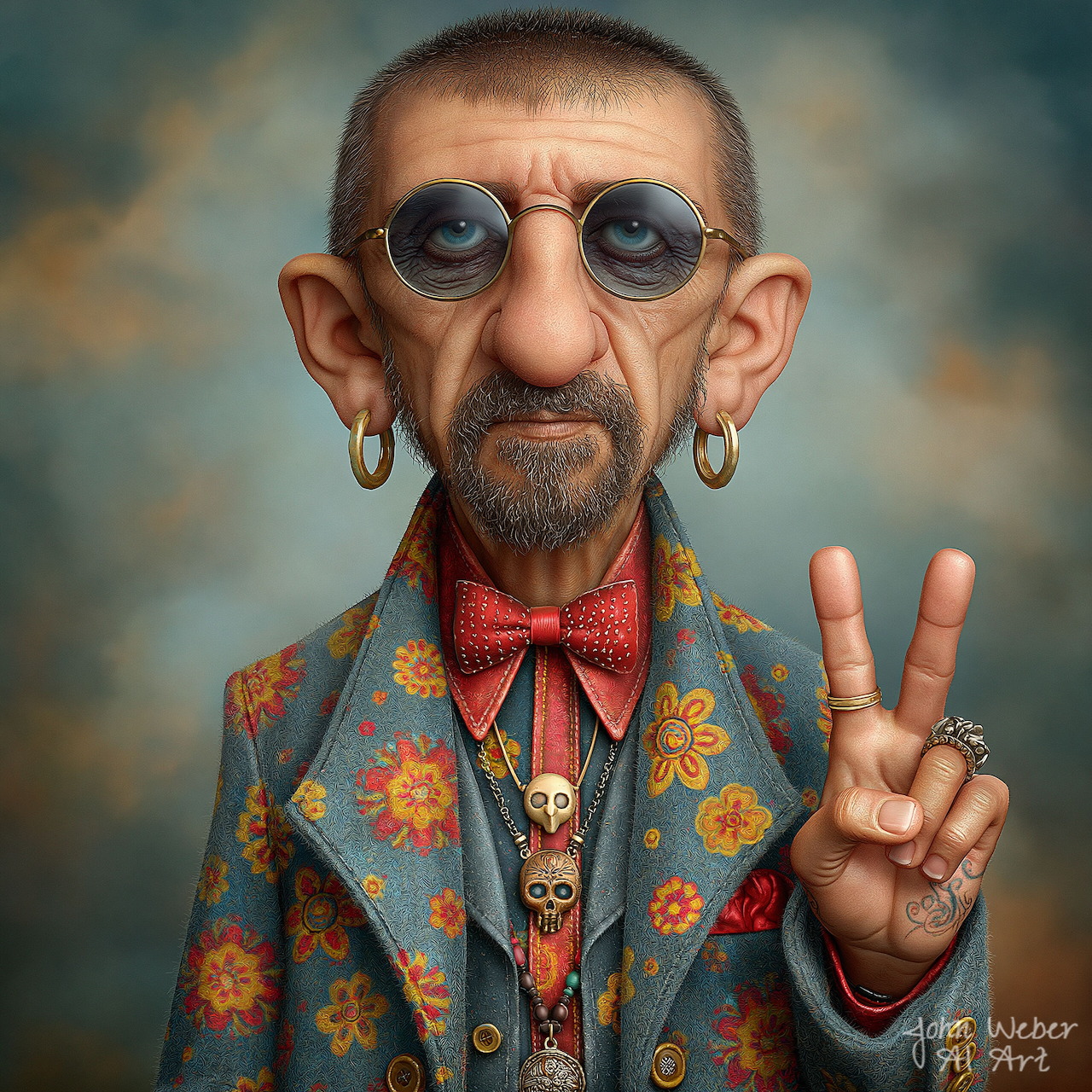 Stylized older man in round glasses and floral suit holding up a peace sign
