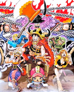 Colorful One Piece anime group illustration featuring several pirate characters posing together