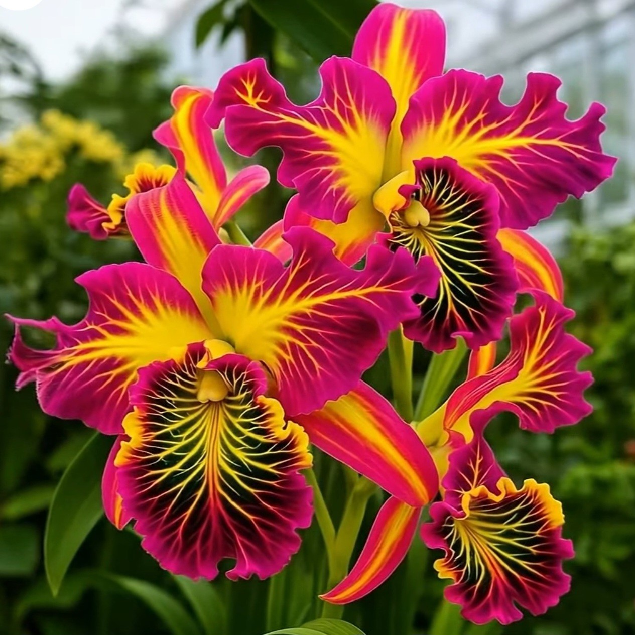 Bright magenta and yellow orchids with radiating striped petals and dark textured centers