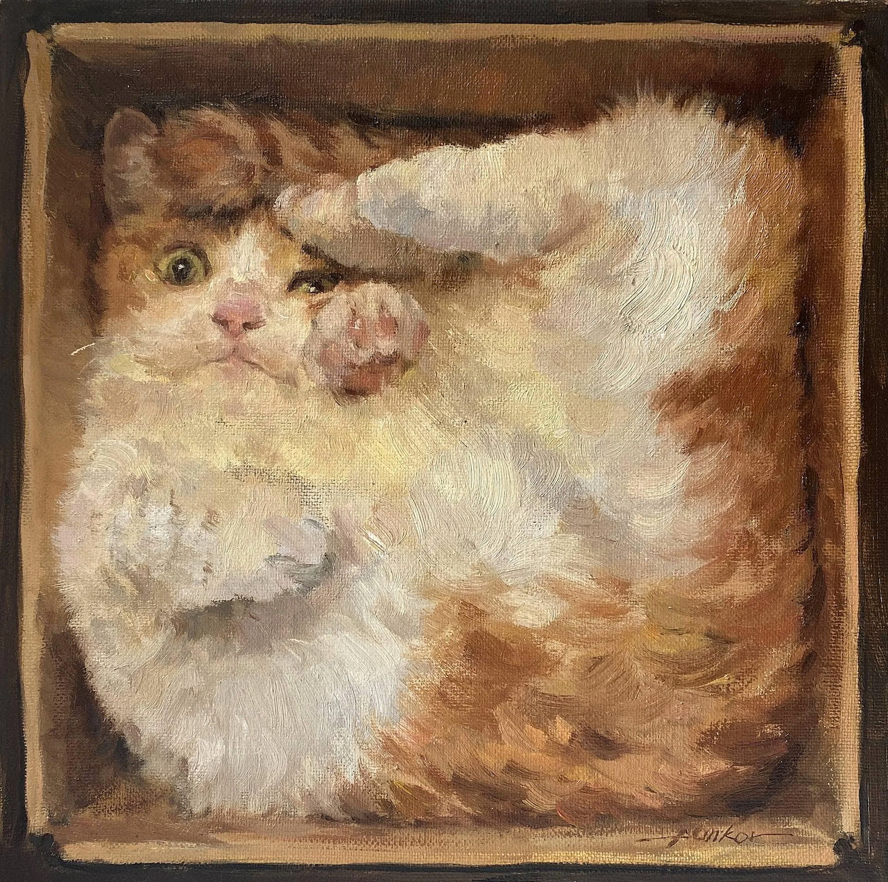 Painting of a fluffy orange and white cat curled up inside a box with one paw raised