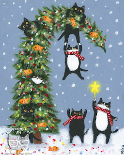 Black cats with large eyes playfully decorating a Christmas tree with ornaments, lights, and a star topper