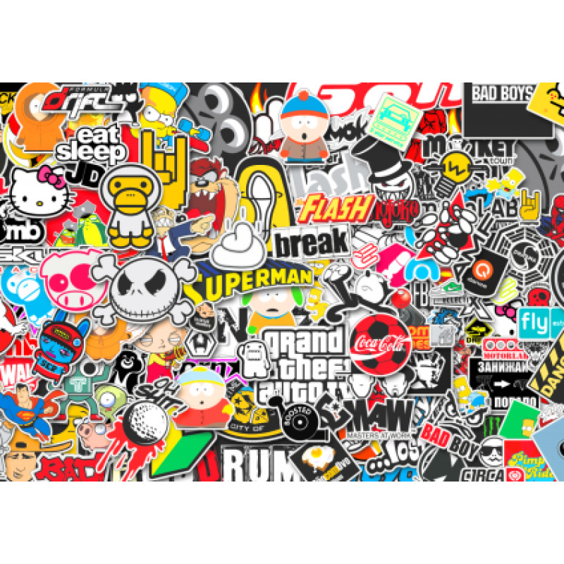 Colorful collage of stickers, logos, and cartoon decals on a black background