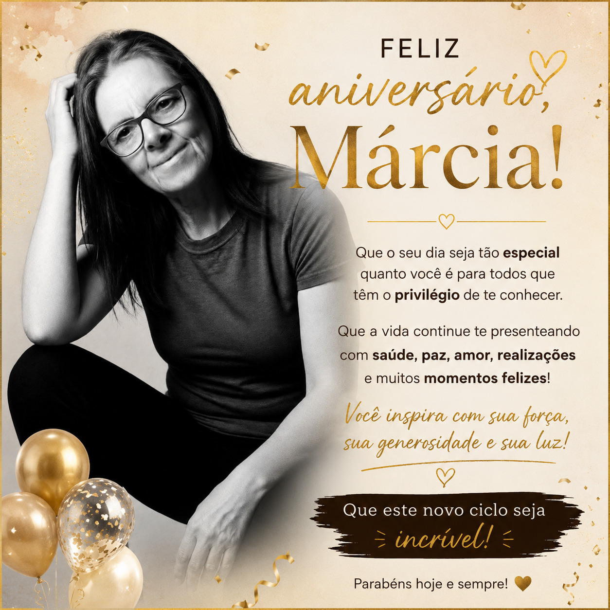 Birthday card with a smiling woman portrait, gold balloons, and Portuguese text saying Feliz aniversário Márcia