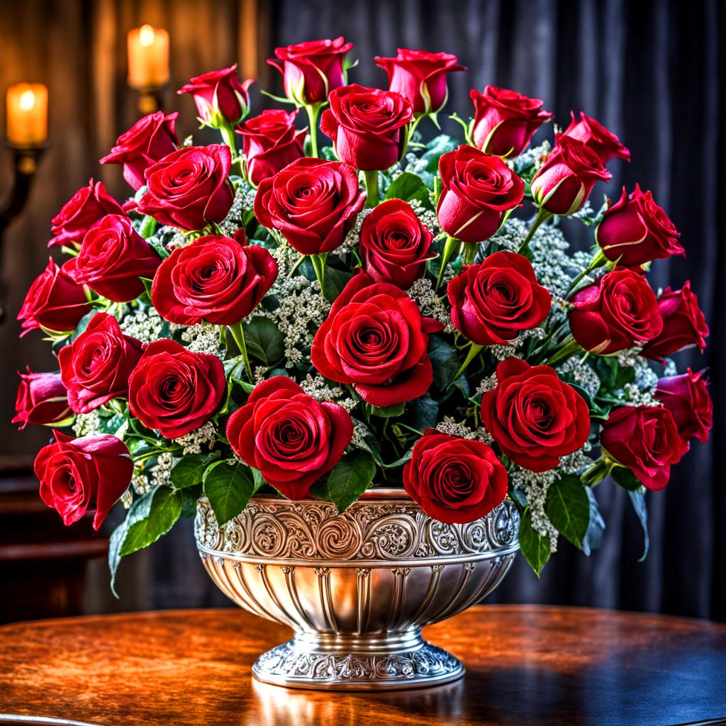 Bouquet of red roses in an ornate vase on a wooden table indoors