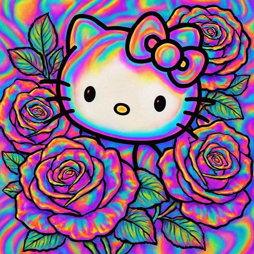 Hello Kitty character surrounded by multicolored roses on a psychedelic rainbow swirl background