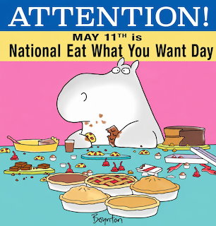 Cartoon hippo messily eating from table full of pancakes, desserts and foods with attention sign above