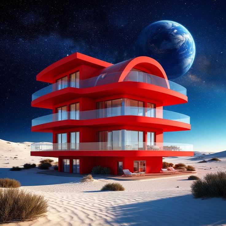 Bright red futuristic house on a sandy alien world under a starry sky with a large blue planet