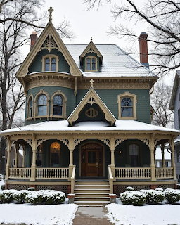 Snow-covered Victorian house with ornate trim and wraparound porch in winter