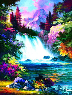 Colorful fantasy landscape with waterfall, rainbow sky, purple and orange foliage, mountains, and turquoise river