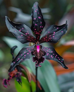 Black Dracula vampira orchid with bright pink spots on dark petals against green foliage