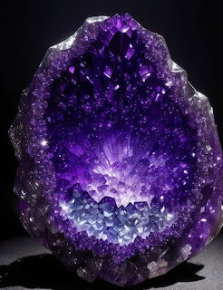 Purple amethyst geode crystal cluster with deep violet points and white center on black background