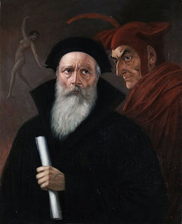 Oil painting of elderly bearded man in black with scroll next to figure in red hat and cloak, ghostly form behind