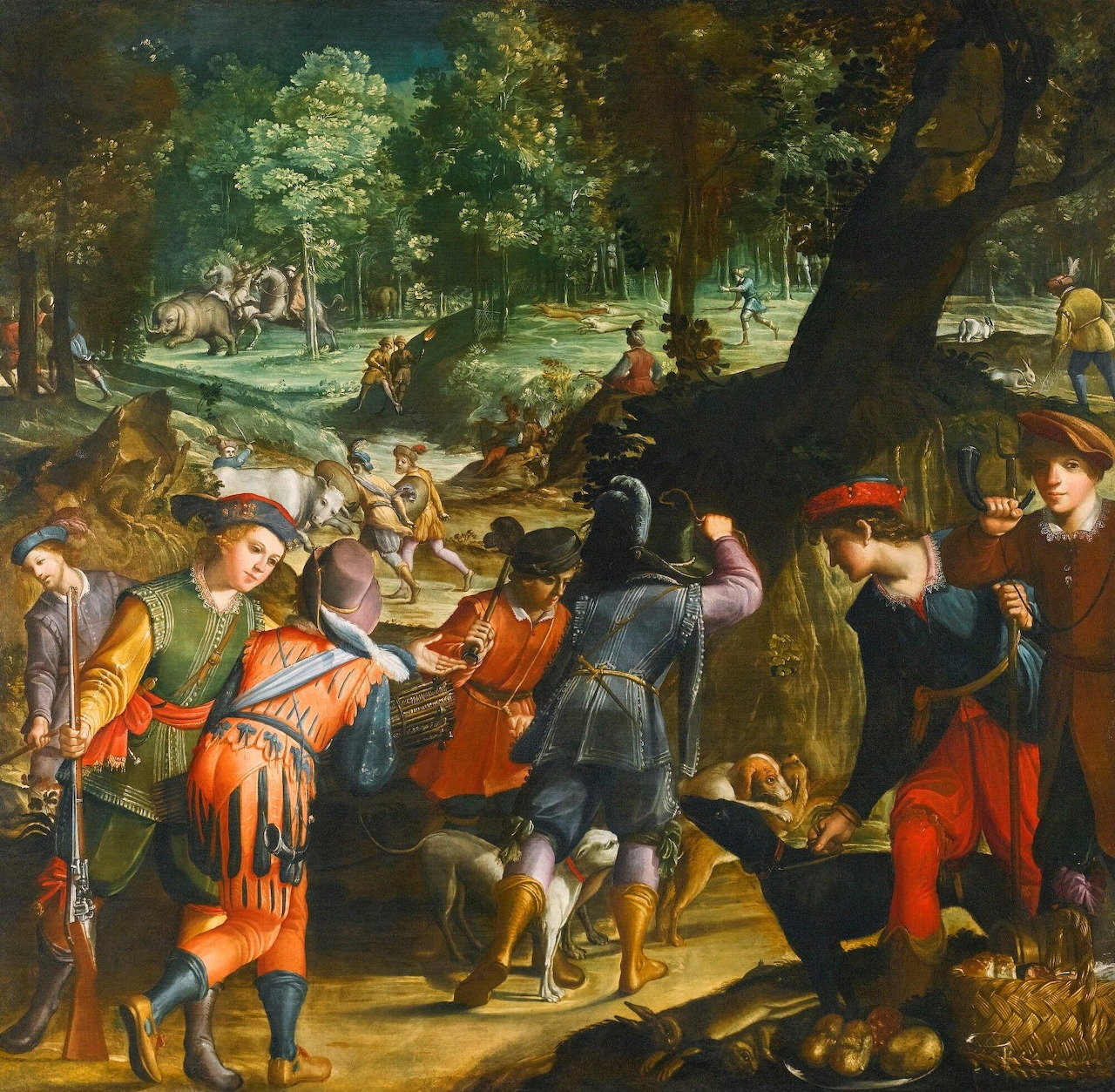 Renaissance painting showing hunters, elephant, horses and dogs in forest setting with figures in colorful 16th century attire