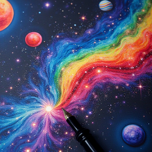 Black fountain pen with a swirling rainbow nebula, stars, and planets in space