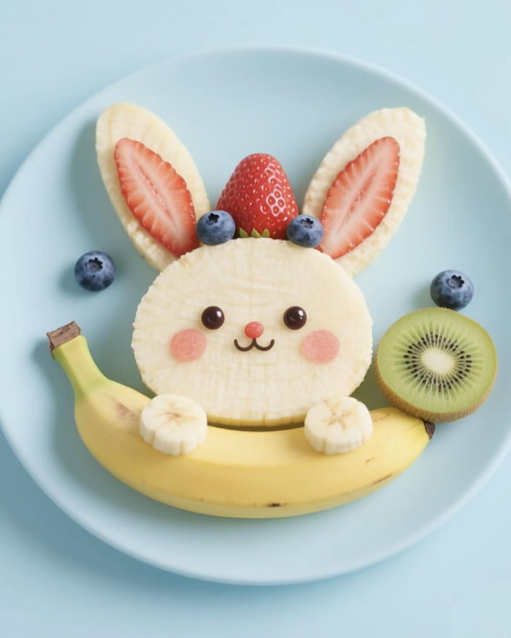 Bunny-shaped fruit arrangement on a blue plate with banana, strawberry, kiwi, and blueberries