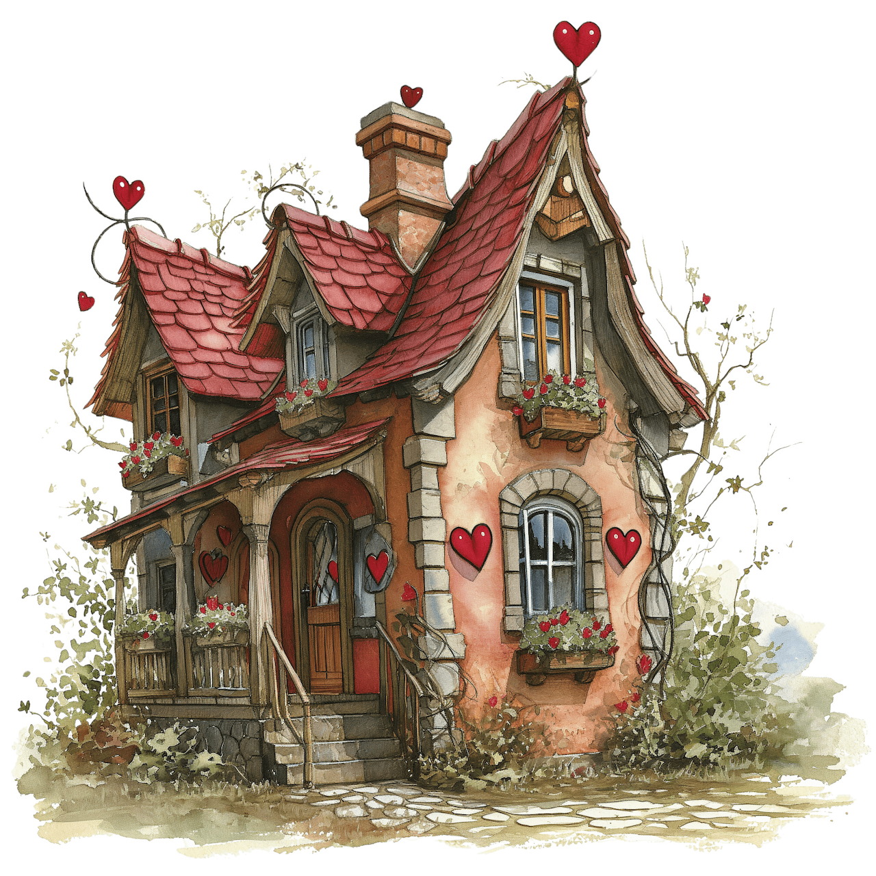 Whimsical cottage with red roof and heart decorations in watercolor illustration style