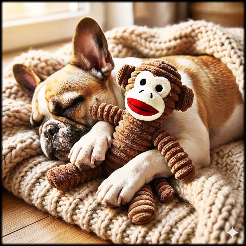 Sleeping Boston terrier hugging a brown monkey plush on a knitted blanket