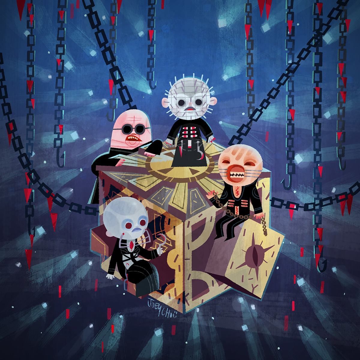 Chibi cartoon versions of Hellraiser characters surrounding Lament Configuration puzzle box with chains