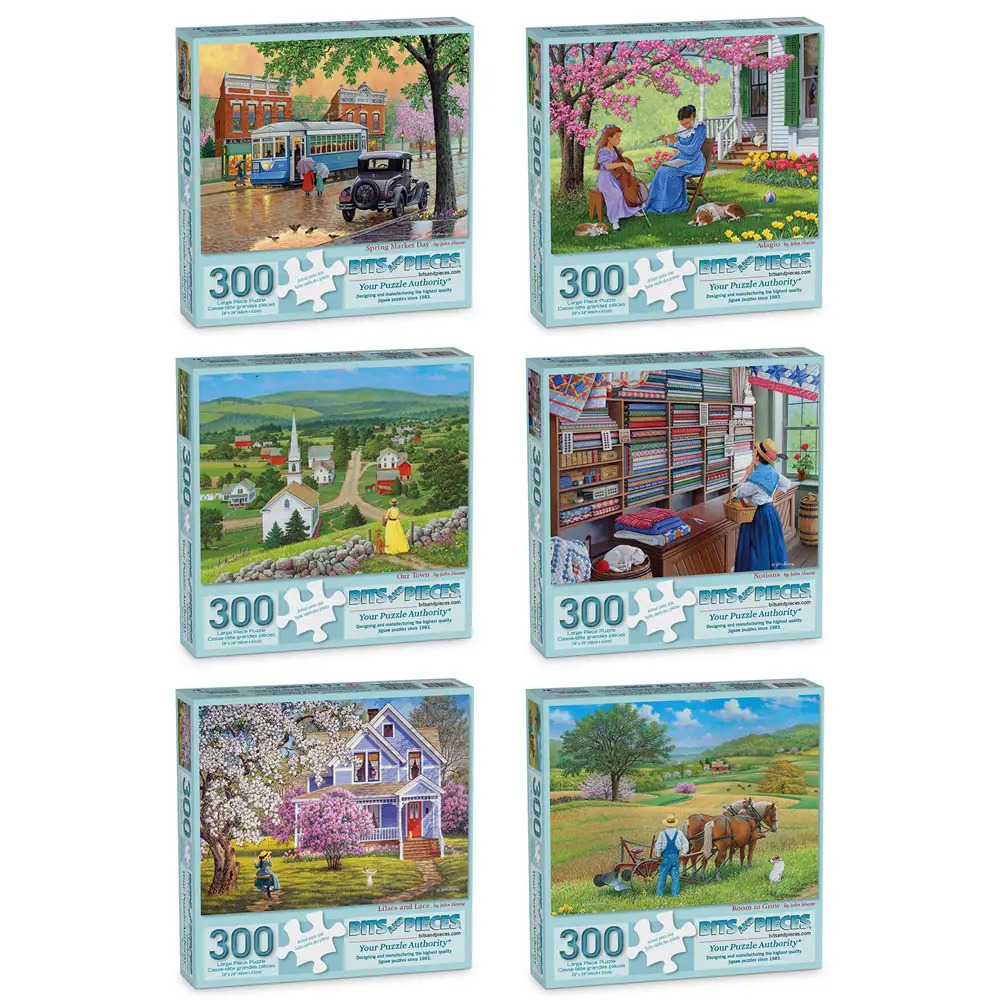 Six jigsaw puzzle boxes showing vintage farm and rural scenes with 300 pieces each