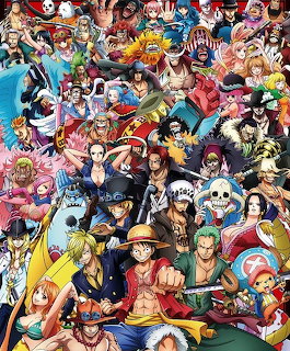 Colorful collage of One Piece anime characters with Luffy and crew members in various poses against dark background