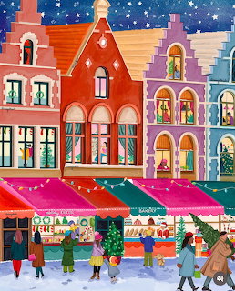 Vibrant Christmas market with colorful buildings, festive stalls, and people shopping in snowy evening scene