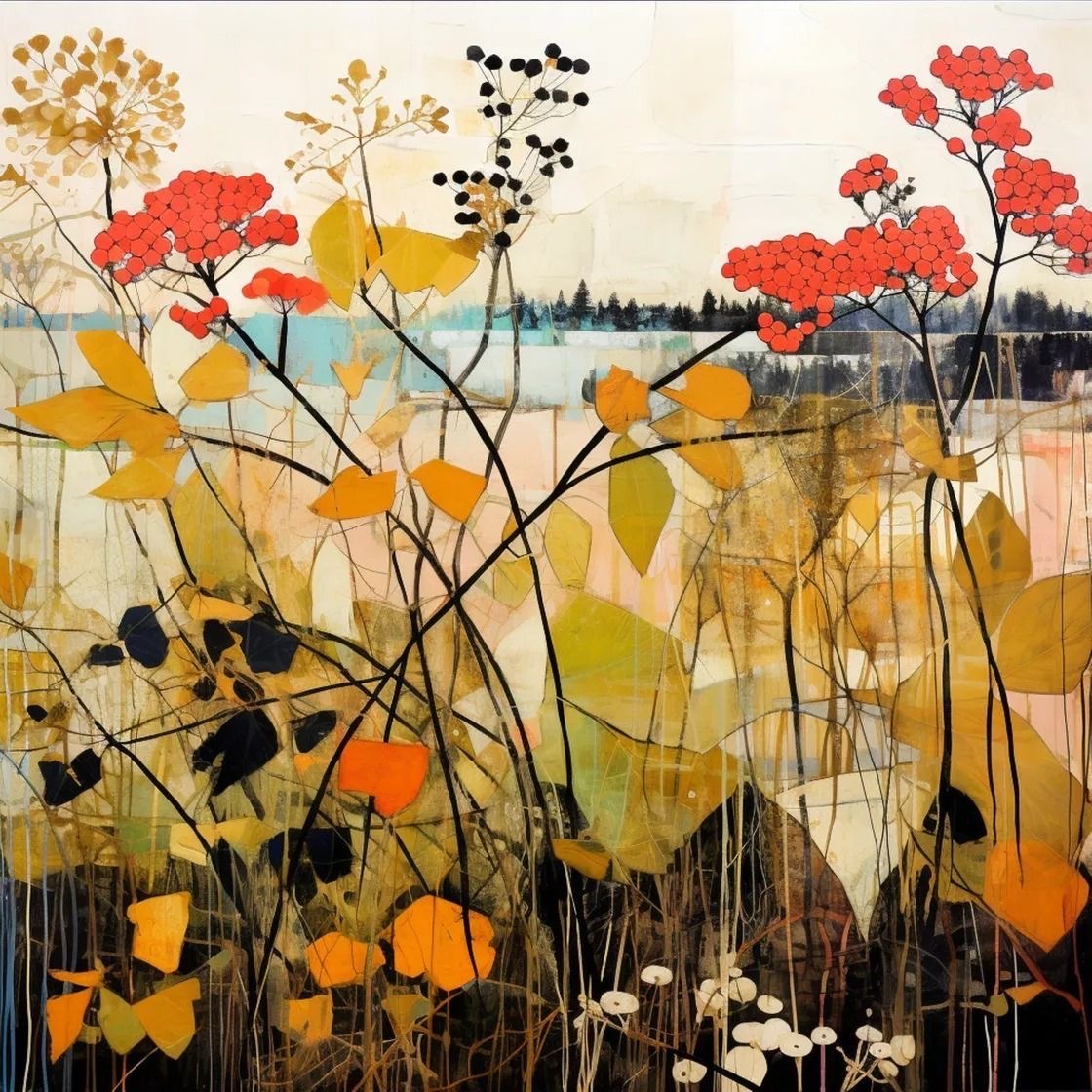 Painting of autumn wildflowers and grasses with red and yellow blooms in a muted field