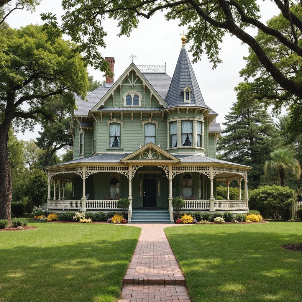 Victorian mansion with turret and wraparound porch on green lawn
