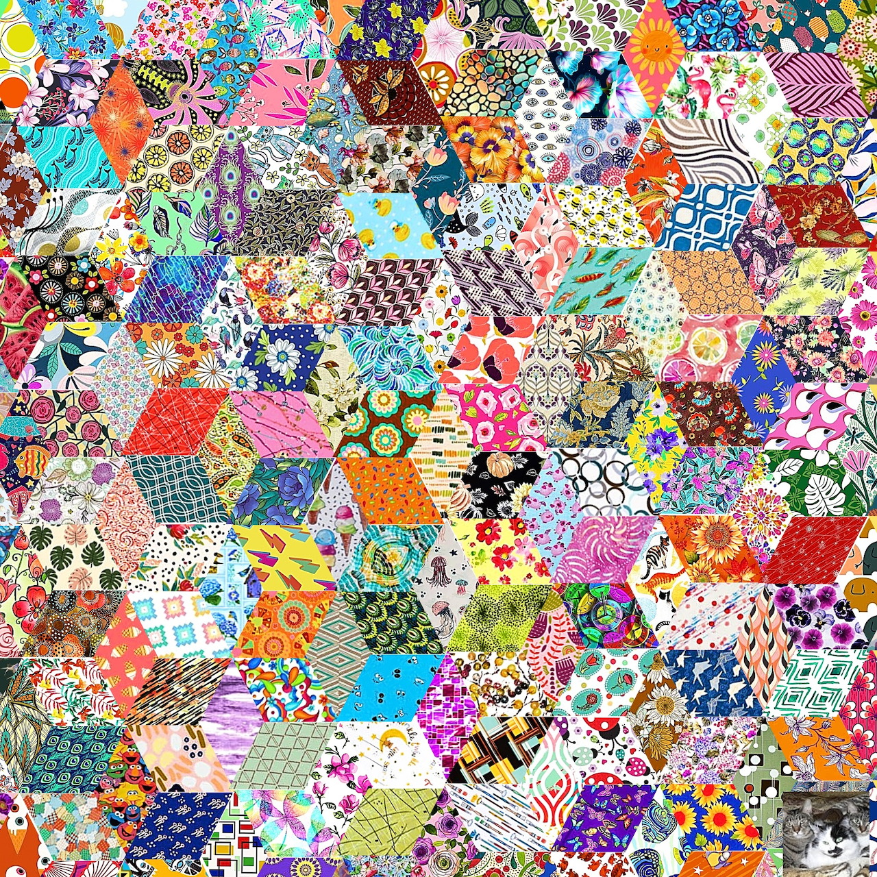 Colorful hexagonal patchwork quilt with varied patterns and designs
