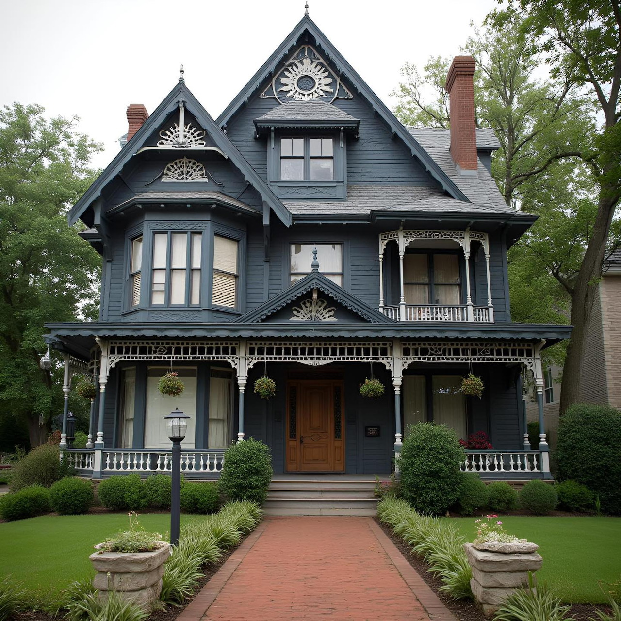 Victorian mansion with ornate trim, wraparound porch, and manicured front lawn