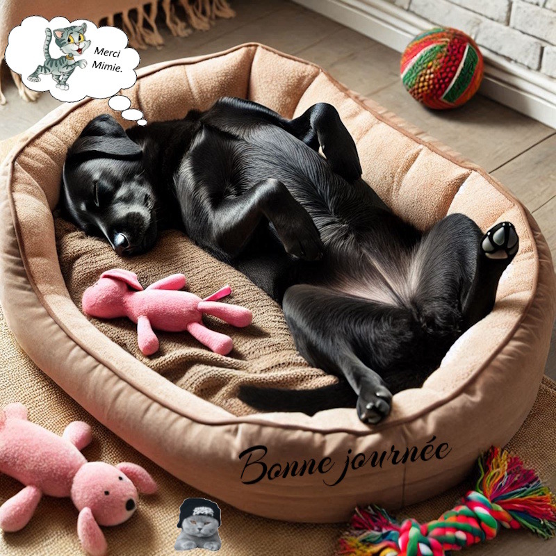 Black dog sleeping belly up in a beige pet bed with plush toys and a rope ball