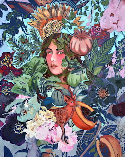 Colorful painting of a woman partially hidden among flowers and leafy plants