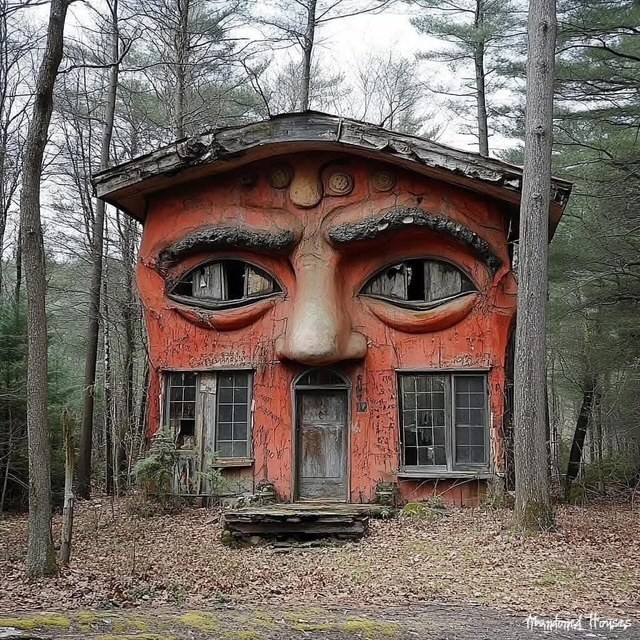 Orange house shaped like a human face in a wooded area with bare trees