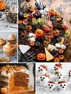 Halloween themed dessert table with cookies, cupcakes, and decorated treats in orange and black colors