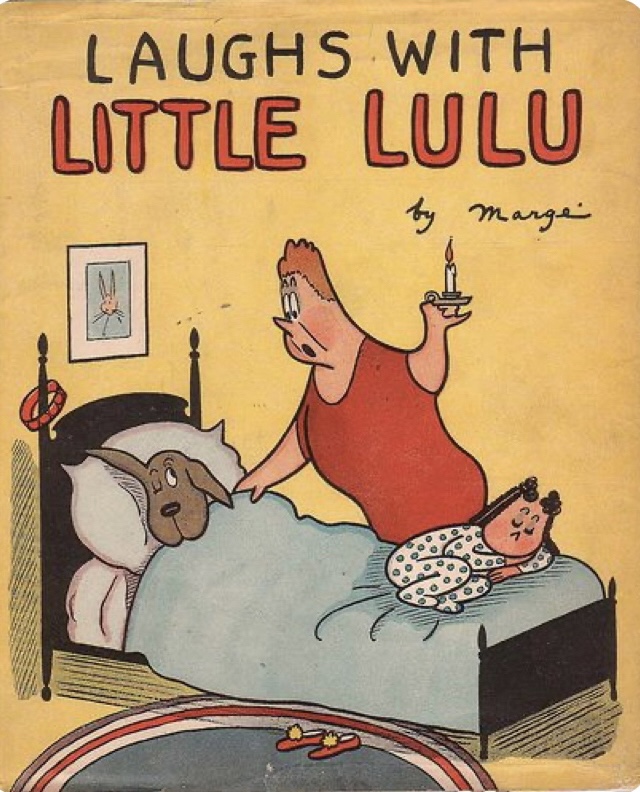 Vintage Little Lulu comic book cover by Marge, woman with candle leaning over child in bed with a dog