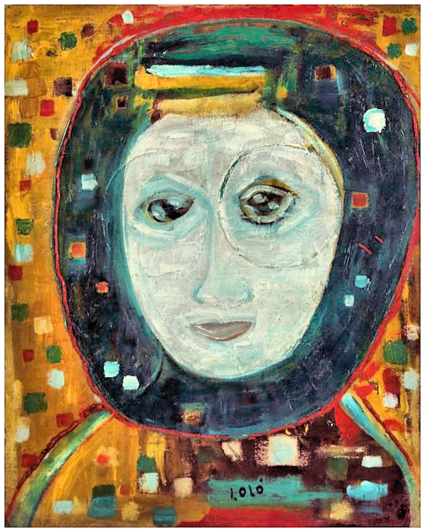 Abstract self-portrait with pale face, dark hair, and colorful geometric mosaic background in expressionist style