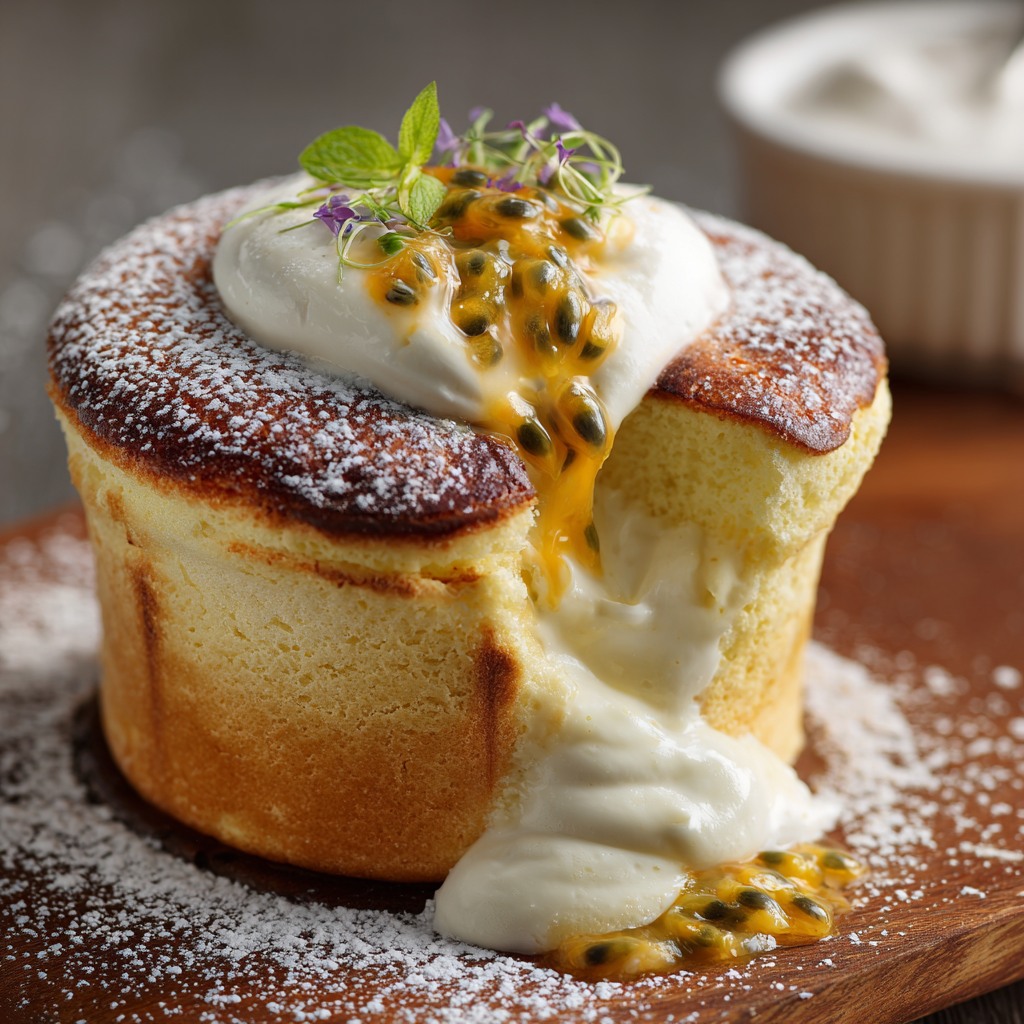 Golden soufflé with whipped cream, passion fruit drizzle, and mint on wooden serving board