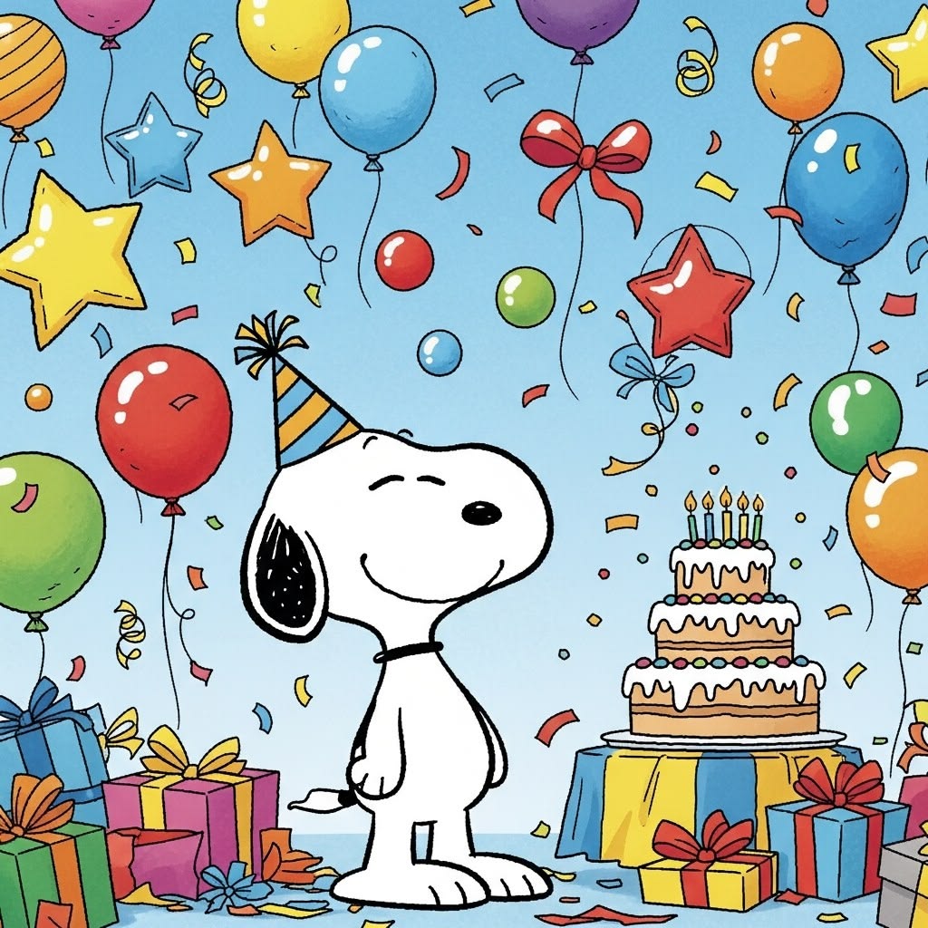 Snoopy at a birthday party with balloons, confetti, presents, and a cake