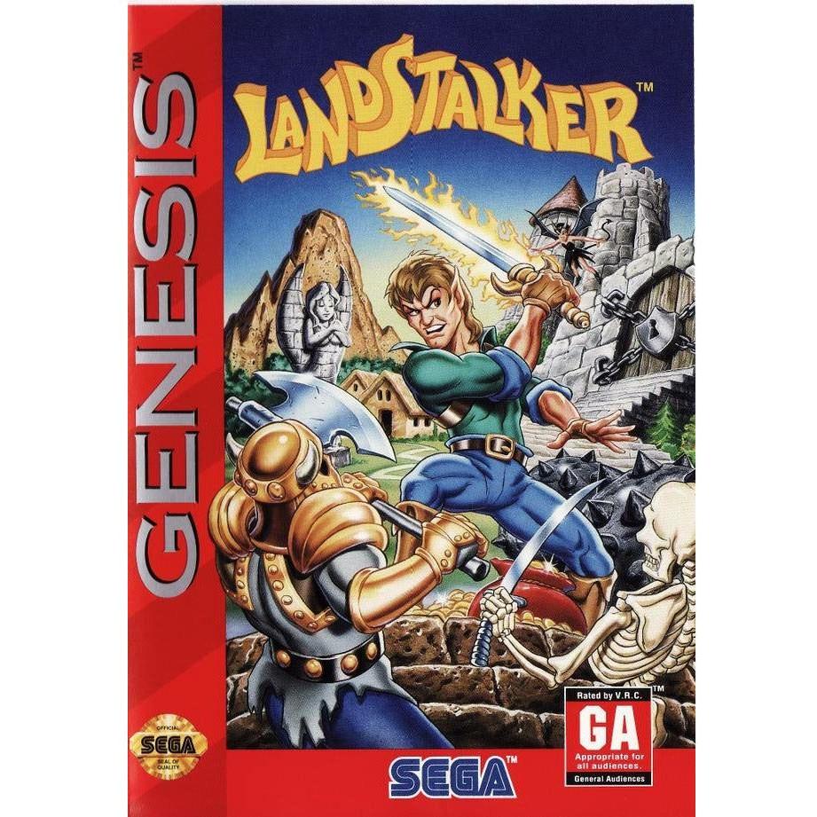 Landstalker Sega Genesis cover art with a hero fighting skeletons in a fantasy landscape
