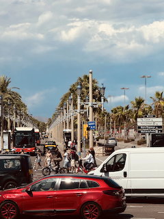 Palm-lined Barcelona street with traffic, cyclists, and a cloudy sky