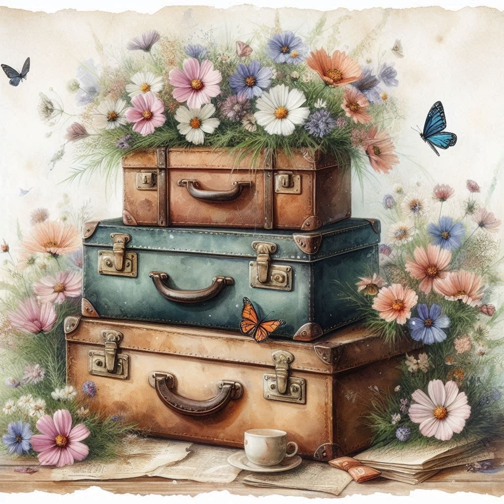 Illustration of stacked vintage suitcases with flowers, butterflies, and a teacup