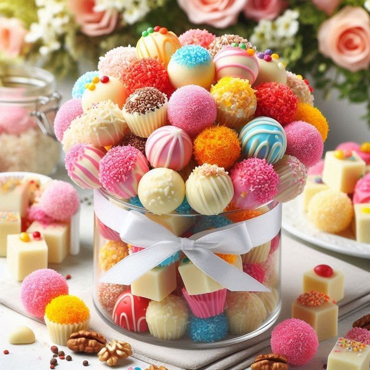 Colorful dessert truffles and cake pops arranged in a glass jar with small sweets around them