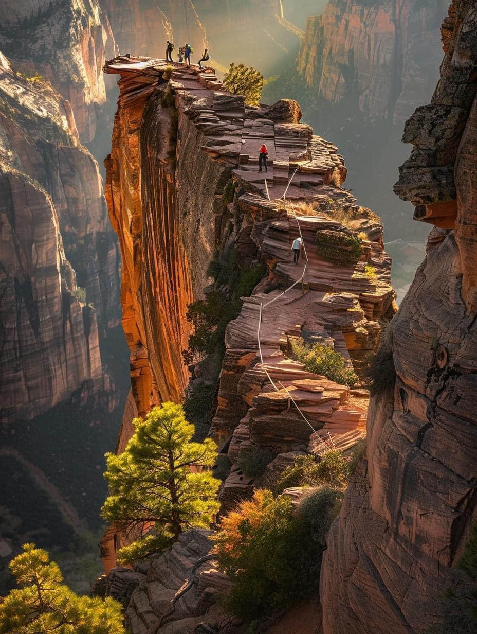 Two climbers on a narrow mountain cliff ledge above a misty valley with dramatic rock formations and golden sunlight