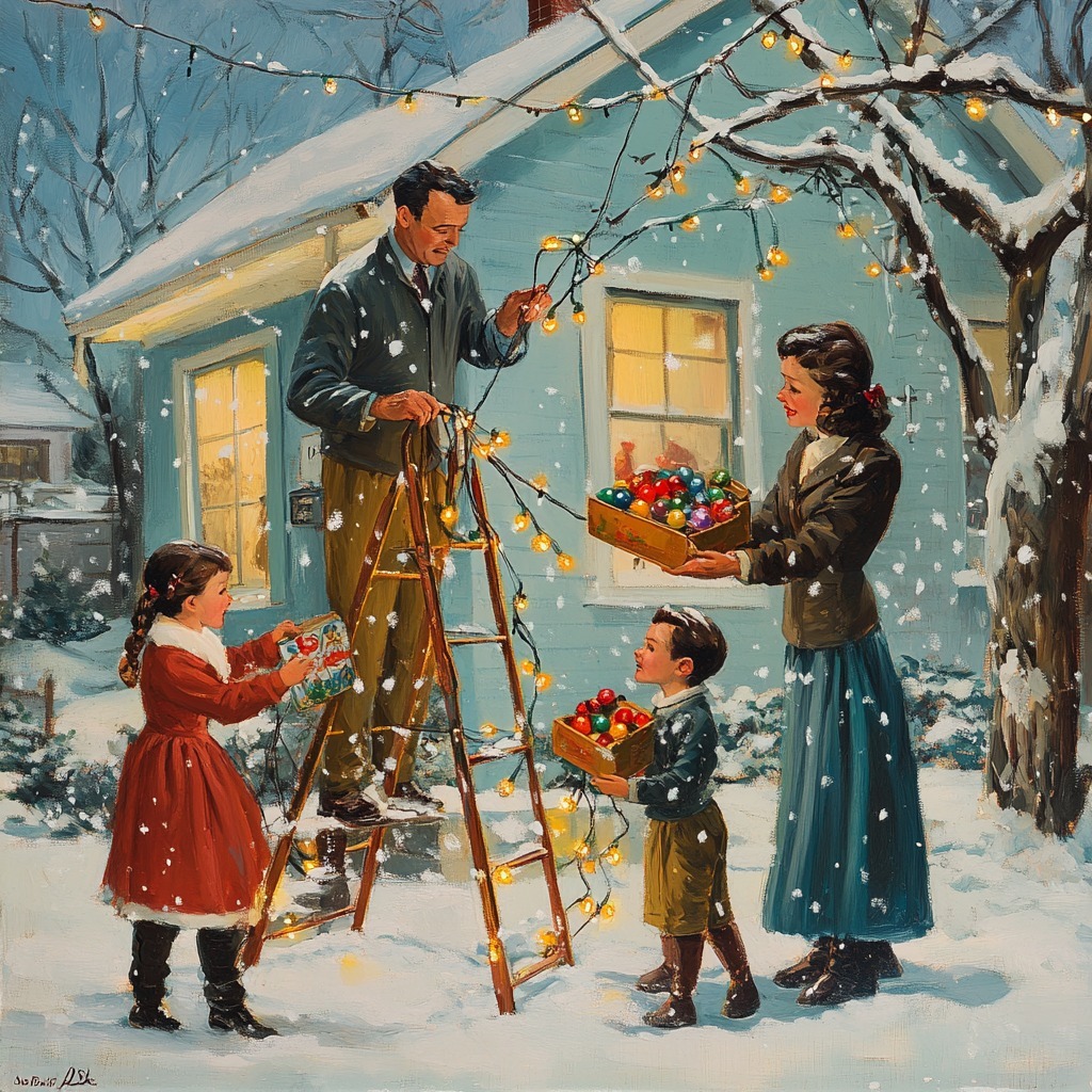 Family hanging Christmas lights outside snowy cottage at twilight