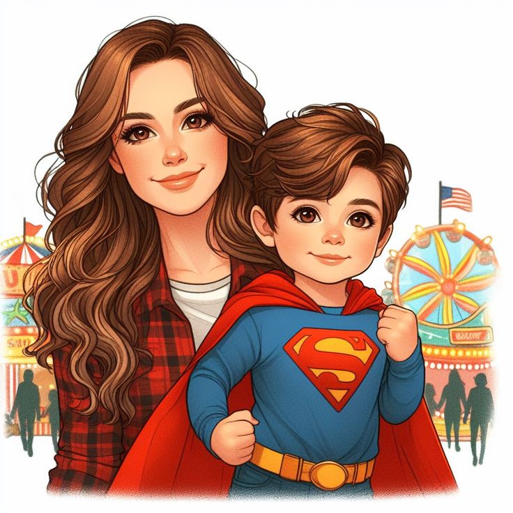 Illustrated woman and child in superhero costume at carnival with ferris wheel