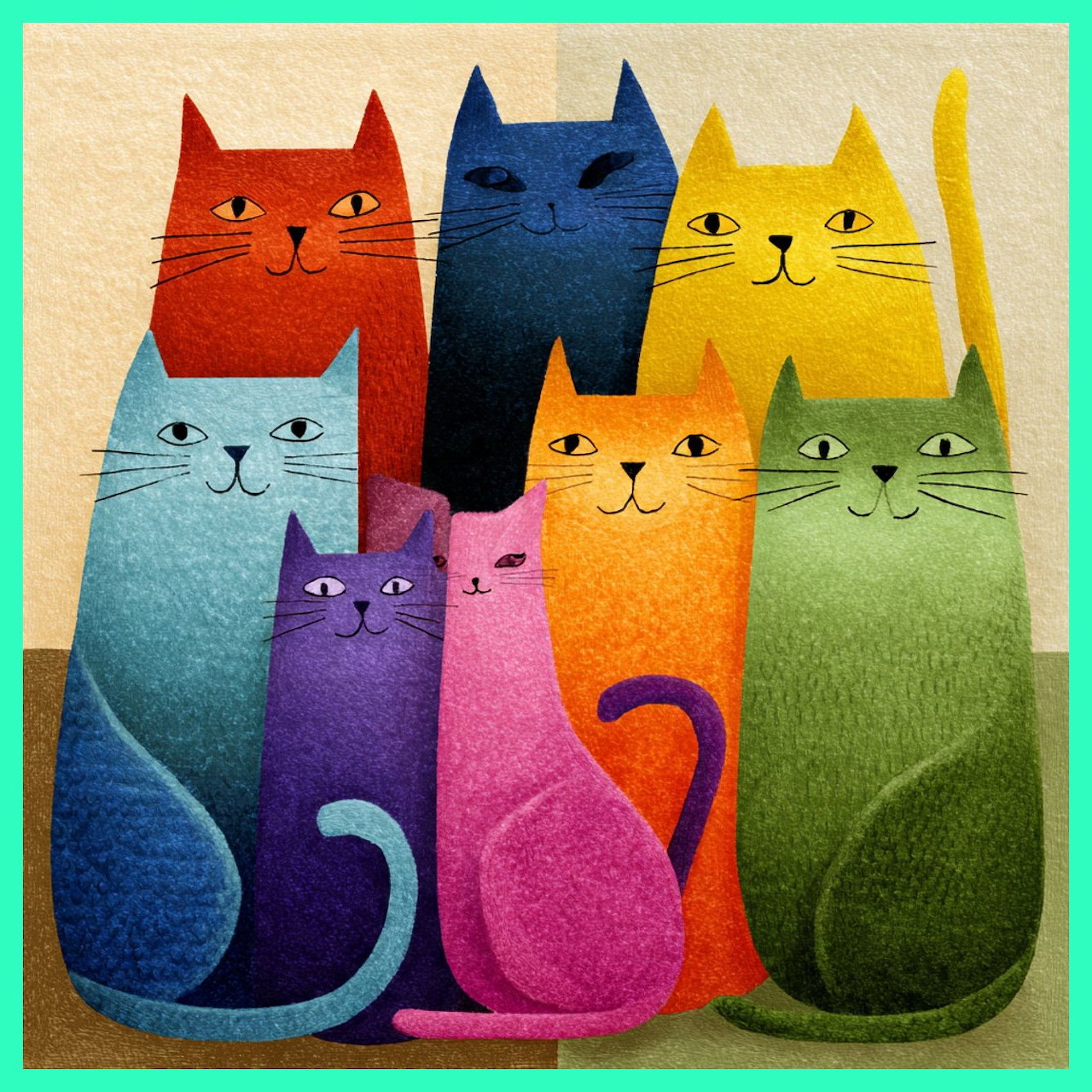 Seven stylized cats in bright rainbow colors sitting together