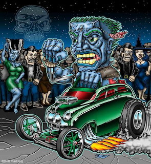 Cartoon green hot rod with flames driven by blue monster surrounded by creatures at night