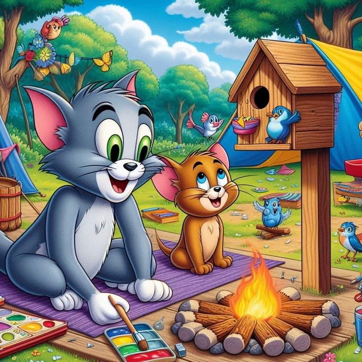 Cartoon cat and mouse sitting by a campfire beside a birdhouse with colorful birds in a forest