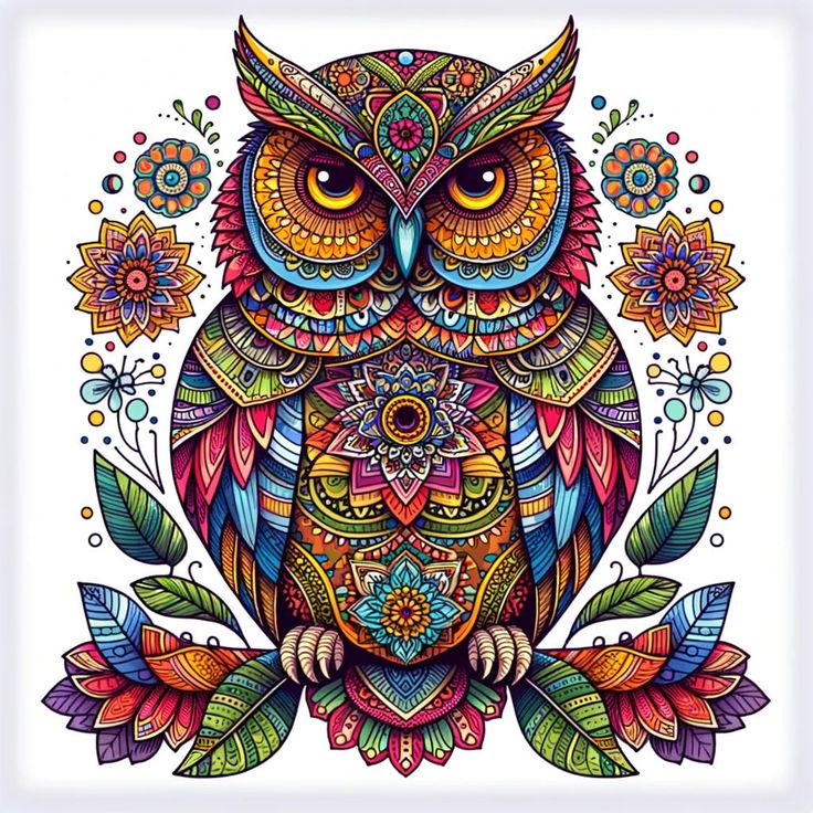 Colorful ornate owl with mandala patterns and symmetrical floral decorations