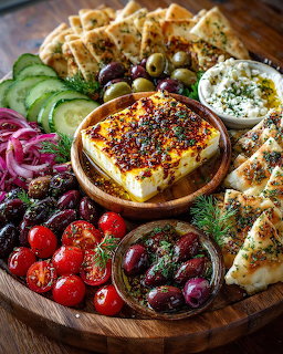 Round wooden cheese board with feta, olives, tomatoes, cucumbers, crackers, red onion, and dips