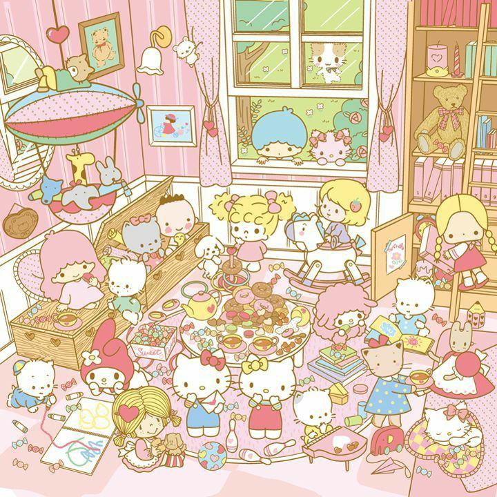 Pastel cartoon bedroom with Sanrio characters, toys, books, and a tea party scene